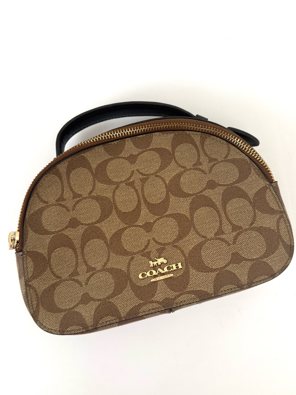 Coach Brown Signature Canvas Dome Wristlet with Black Strap